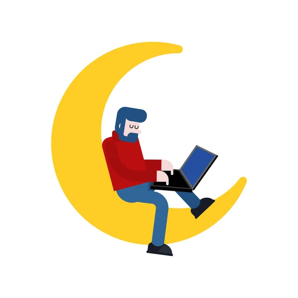 月のフリーランス ノートパソコンを持った男が月に座っている 遠隔作業の概念 — ストックベクタ