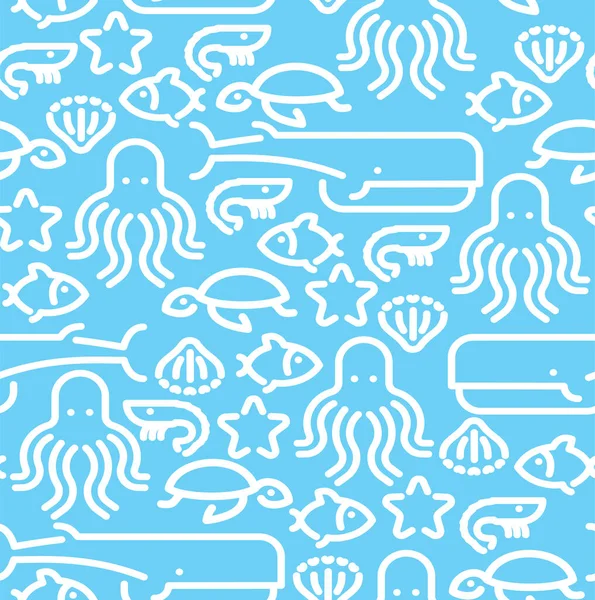 Морские Животные Устанавливают Линейный Рисунок Бесшовно Осьминог Черепаха Рыба Креветки — стоковый вектор