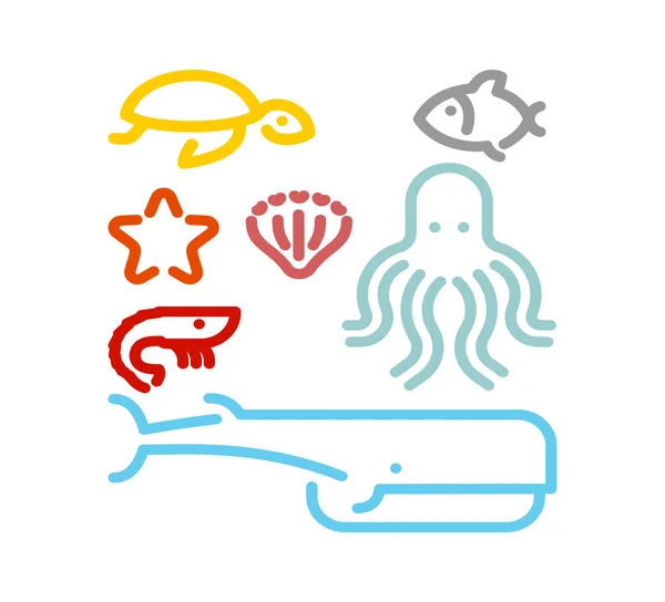 Marine Animals Set Linear Symbol Icon Octopus Turtle Fish Shrimp — Stock Vector
