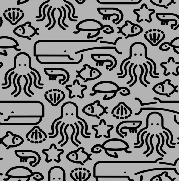 Морские Животные Устанавливают Линейный Рисунок Бесшовно Осьминог Черепаха Рыба Креветки — стоковый вектор