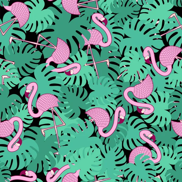 Flamingo Rosa Padrão Folhas Tropicais Sem Costura Pássaro Água Com — Vetor de Stock