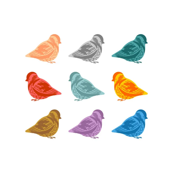 Conjunto Multicolorido Sparrow Pequeno Pássaro Ilustração Vetorial — Vetor de Stock