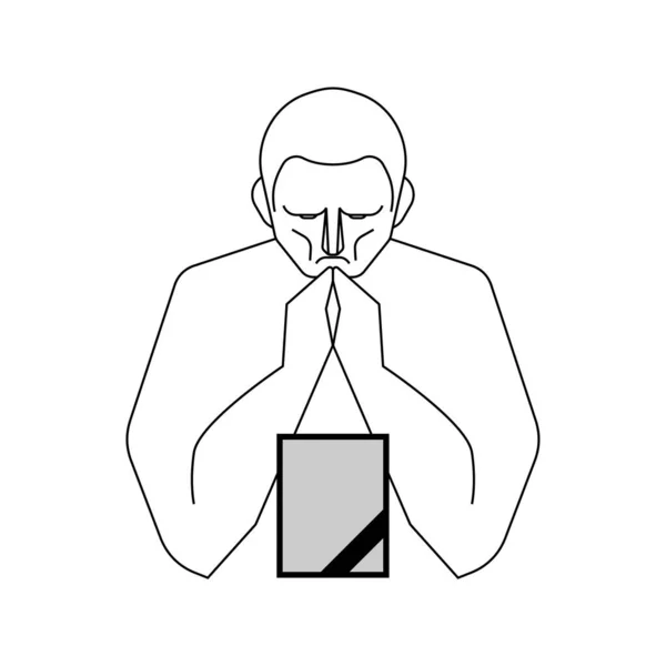Člověk Modlí Truchlí Mužská Modlitba Před Fotkou Zesnulého — Stockový vektor