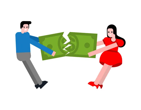 Pár Peněz Rozvodu Muž Žena Tahají Cashe Různými Směry Pojmová — Stockový vektor