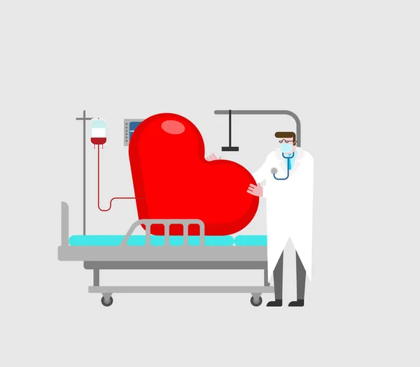 病気の愛 病院のベッドと医者の心臓 — ストックベクタ
