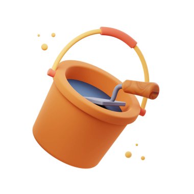 İnşaat Kovası ikonu tasarımlarının 3D Illustration yorumlayıcısı. Tasarımlarınızı geliştirmek için inşaat, yenileme, inşaat ve ekipman temalı projeler için mükemmel.
