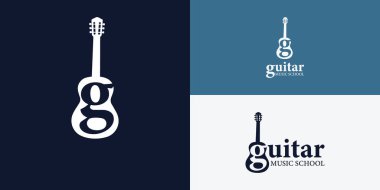 Gitar Logosu Music School iş logosu için uygulanmış birden fazla arka plan rengi ile sunulmuştur ve müzikal iş logosu tasarım şablonu için uygundur