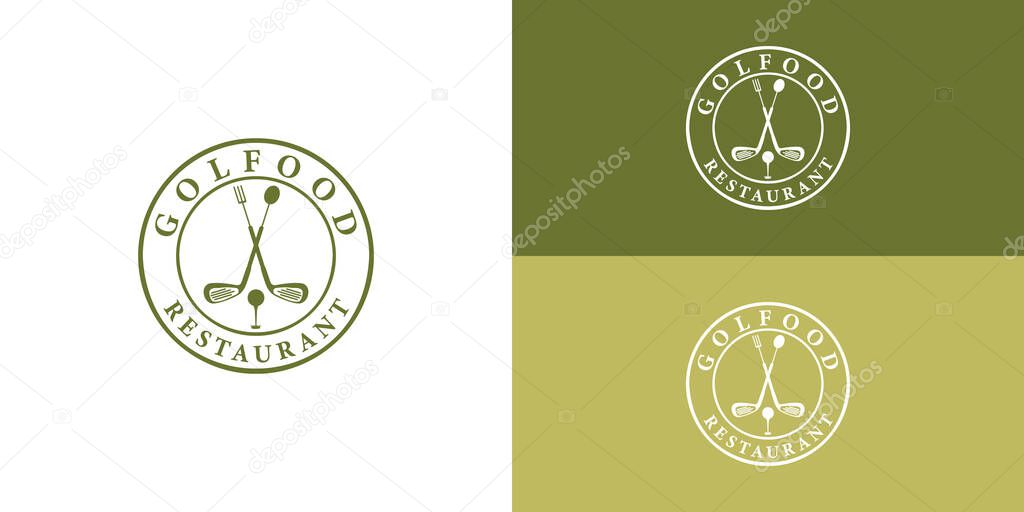 Restaurant Golf Bar Vintage with Ball and Fork logo design presented with multiple background colors. The logo is also suitable for a golf restaurant logo design inspiration template