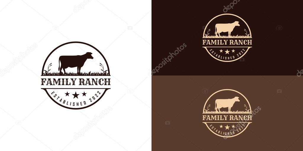 Retro vintage farm cattle Angus livestock logo design vector in black circle shape presented with multiple white and brown background colors. The logo is suitable for farm and ranch logo design