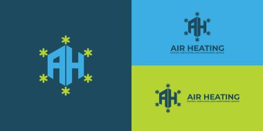 Birden fazla arkaplan rengine izole edilmiş mavi ve yeşil renkli AH veya HA logosu soyut ilk harf. Logo ısıtma, havalandırma ve havalandırma için uygundur.