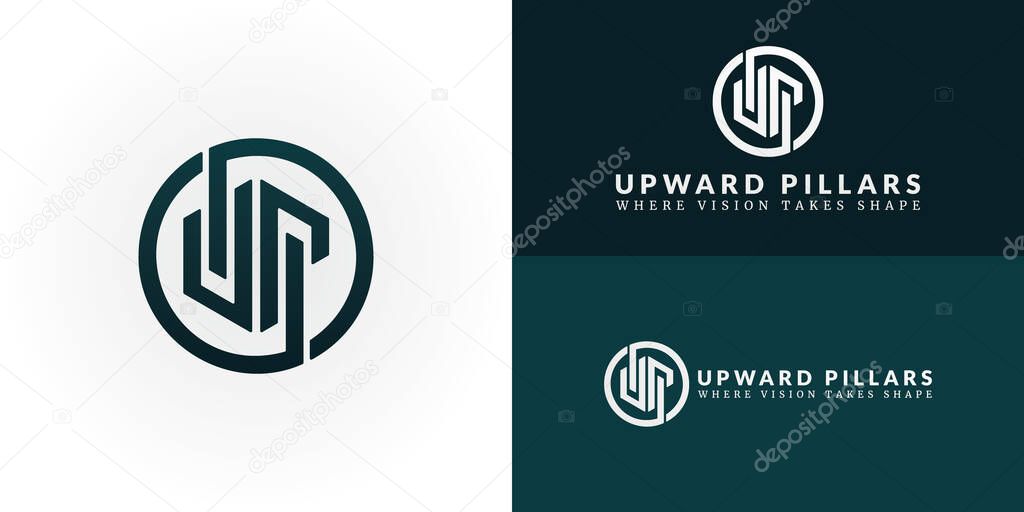Dynamic UP emblem for a Real Estate and Construction Company, symbolizing upward growth, solid foundations, and modern architectural development.