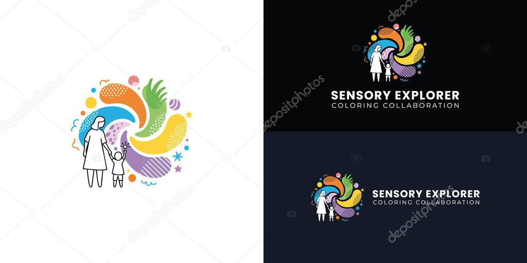 The vibrant logo for parent-child enrichment illustrates sensory play, promoting development and bonding through shared discovery.