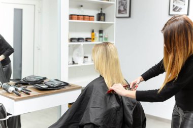 Beautiful brunette working as a hairdresser cuts the ends of the client's hair in a beauty salon