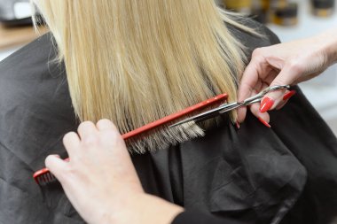 Beautiful brunette working as a hairdresser cuts the ends of the client's hair in a beauty salon