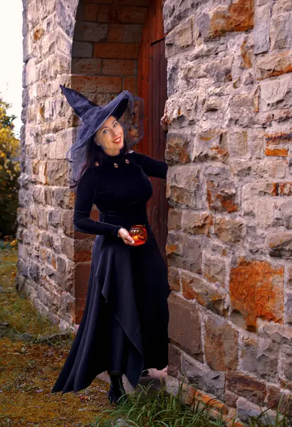Woman Witch Costume Autumn Forest Castle Halloween — Stock Photo, Image