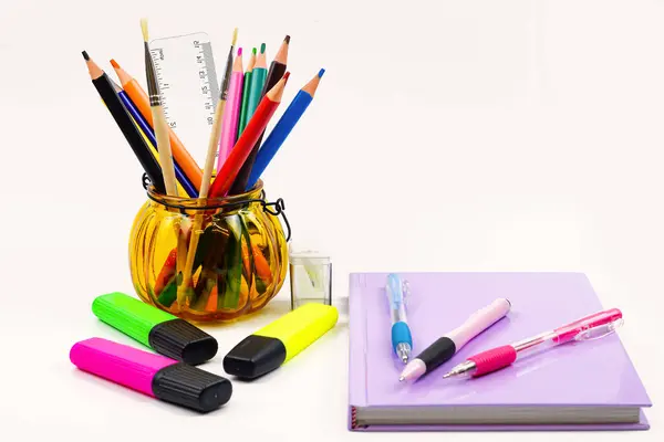 Bright Set School Stationery White Background Colored Pencils Pens Plastic — Stock Photo, Image