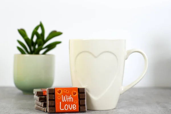 Composition Valentine Day Cup Coffee Gift Box Table Holiday Concept — Stock Photo, Image