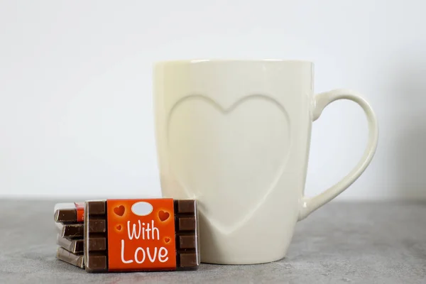 Composition Valentine Day Cup Coffee Gift Box Table Holiday Concept — Stock Photo, Image