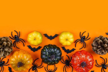 Cadılar Bayramı arka planında balkabakları, örümcekler, yarasalar turuncu bir zemin üzerinde metin için boşluk