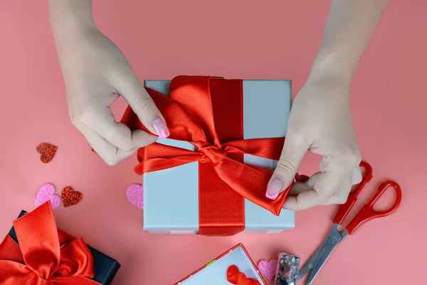Valentine Day Concept Close Female Hands Packing Gifts Red Ribbon — Stock Photo, Image