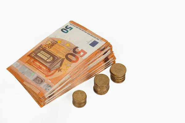 Eurobankbiljetten Munten Close Witte Achtergrond Bedrijfs Financieel Concept Stockfoto