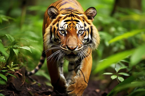 beautiful wild tiger walks through the jungle