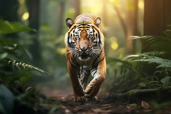 beautiful wild tiger walks through the jungle