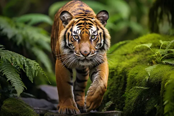 beautiful wild tiger walks through the jungle