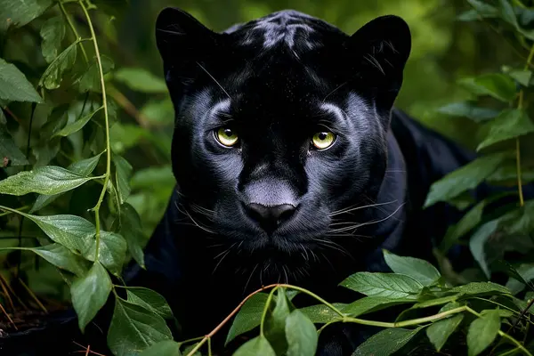 A close up  of a black panther hidden in the jungle