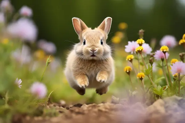 Little fluffy decorative rabbit running on field, Easter concept. High quality photo