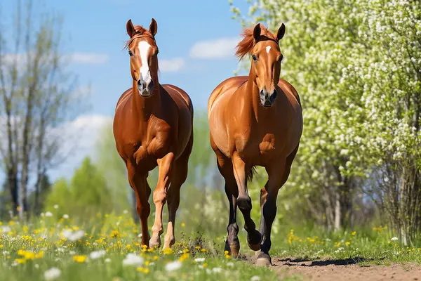 Two beautiful horse run gallop on flowers field with blue sky behind. High quality photo