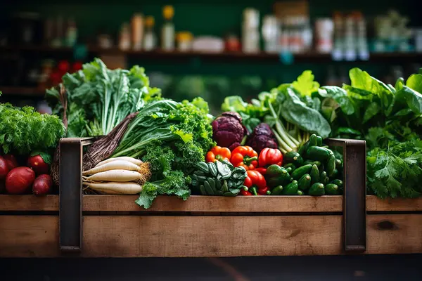 fresh vegetables and fruits in a supermarket basket, healthy food, diet and vegetarianism