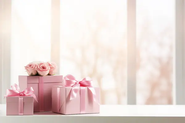 Pink gifts on the window with space for text. High quality photo