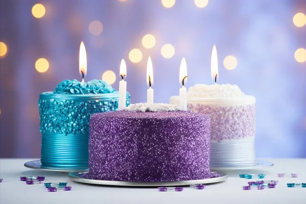 Beautifully decorated birthday cake on bright backdrop