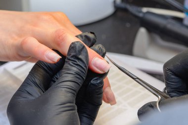 Yakın çekim manikür, kadın eli oje sürüyor. Yüksek kalite fotoğraf