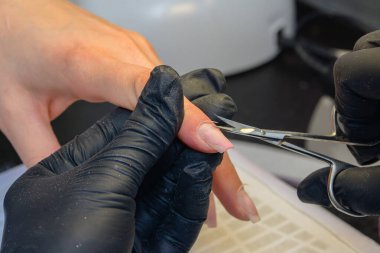 Yakın çekim manikür, kadın eli oje sürüyor. Yüksek kalite fotoğraf