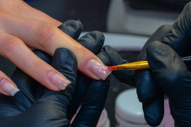 Yakın çekim manikür, kadın eli oje sürüyor. Yüksek kalite fotoğraf