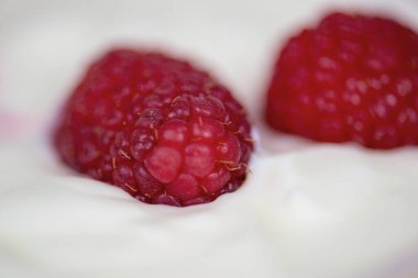 Taze ahududulu yoğurt, makro, sağlıklı kahvaltı. Yüksek kalite fotoğraf