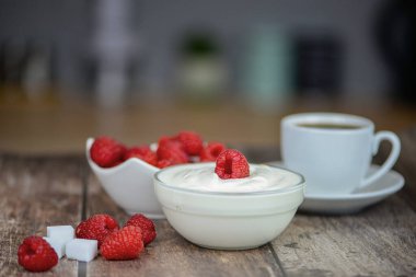 Yunan yoğurdu, ahududu ve kahve, sağlıklı kahvaltı. Yüksek kalite fotoğraf