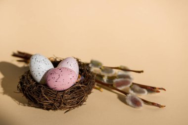 Renkli Paskalya Yumurtaları Mesaj İçin Uzayda, Paskalya Arkaplanı. Yüksek kalite fotoğraf
