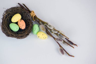 Mutlu Paskalyalar, beyaz arka planda söğüt dalları olan bir yuvadaki yumurtalar. Yüksek kalite fotoğraf