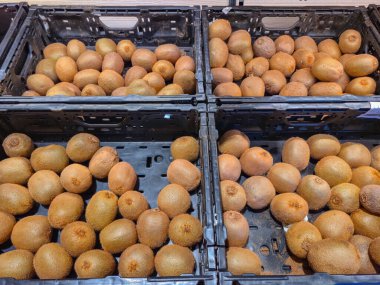 Canlı ve davetkar taze kiwifruit sergisi siyah sandıklar içinde zarif bir şekilde düzenlendi, hepsi satılmaya hazır.