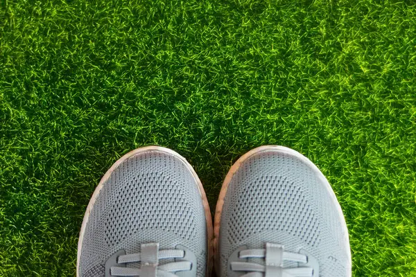 Gri Spor Koşu Ayakkabıları ve yeşil çimlerde bir şişe su. Spor ve rahatlama konsepti. Yüksek kalite fotoğraf