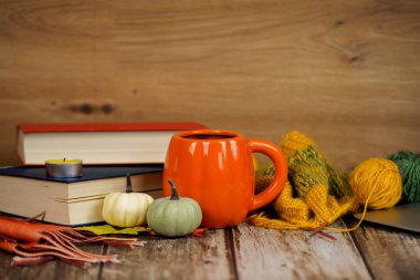 Kitaplarla dolu sıcak bir sonbahar sahnesi, renkli balkabakları, ve rahatlık ve rahatlığı çağrıştıran rahat bir hikaye.