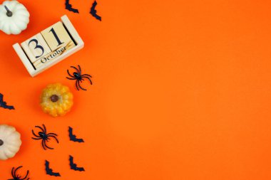 Neşeli balkabakları, ürkütücü örümcekler ve renkli turuncu bir takvim sunan neşeli bir Cadılar Bayramı düzeneği.