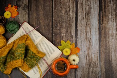 Sıcak ve davetkar bir iç mekan sahnesi. İçinde samimi bir kitap, canlı bir hikaye, lezzetli bir kahve ve renkli sonbahar yaprakları var.