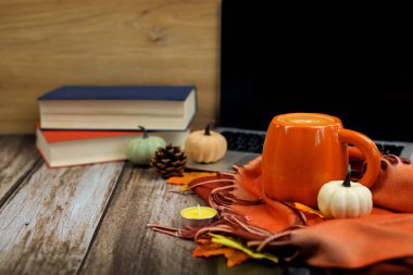 Sıcak bir sonbahar sahnesinde büyüleyici bir balkabağı kupası, ilginç kitaplar ve enfes mevsimlik dekorasyonlar sergileniyor.