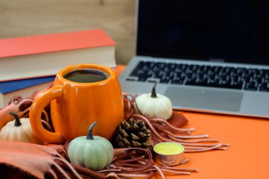 Laptop ve kitapların yanında sıcak bir fincan kahve, online öğrenme ve serbest çalışma. Yüksek kalite fotoğraf