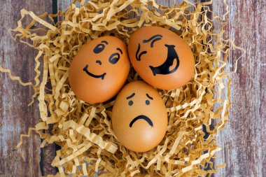 Konforlu bir yuvaya yerleştirilmiş, çeşitli duygular besleyen üç anlamlı yumurta, eğlenceli kavramlar için ideal.
