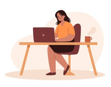 Evde ya da ofiste dizüstü bilgisayarda çalışan Afrikalı bir kadın. Çalışma masasında serbest çalışan biri. Vektör illüstrasyonu